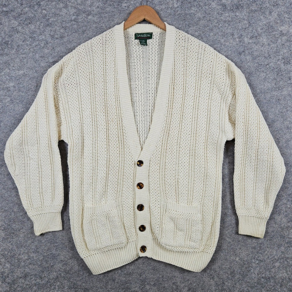 Savile Row Men's‎ Knit Cardigan Sweater Ivory/Cream Button Front Size L SPOTS